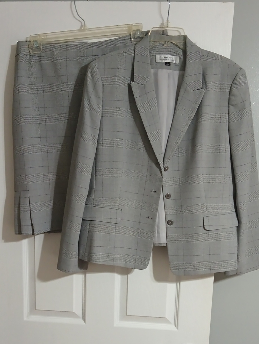 Tahari ASL Light Gray Plaid Blazer & Skirt Set